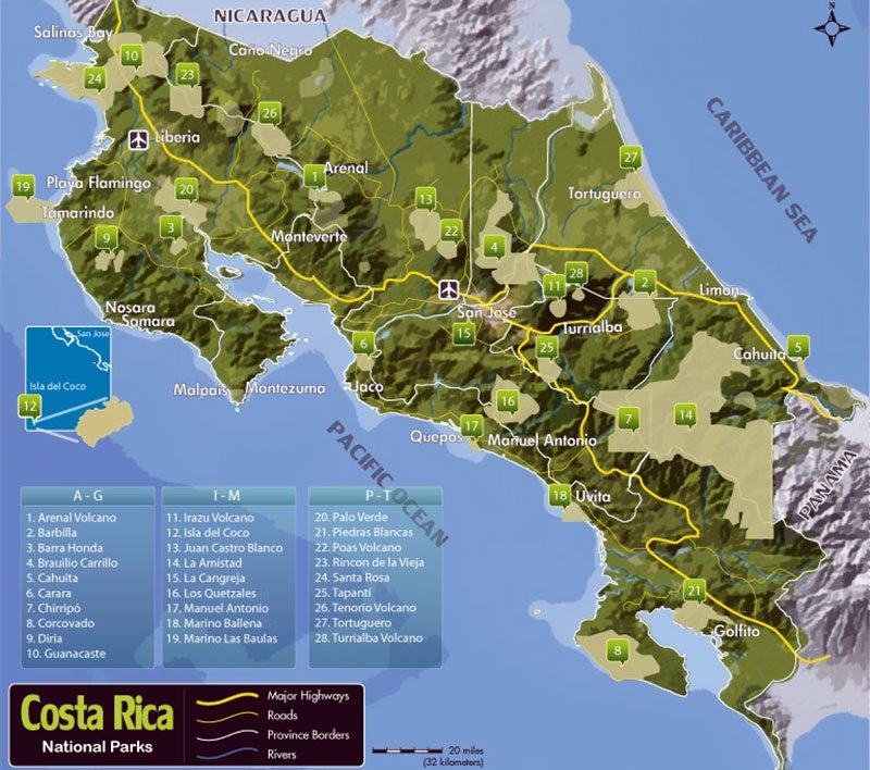 Kosta Rika Milli Parklar Haritası